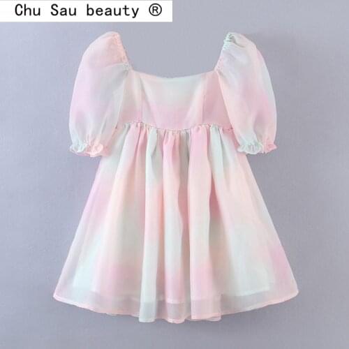 New Fashion Summer Sweet Chic Rainbow Colors Print Organza Mini Dress Women Streetwear Style Puff Sleeve Puffy Dresses Feamle