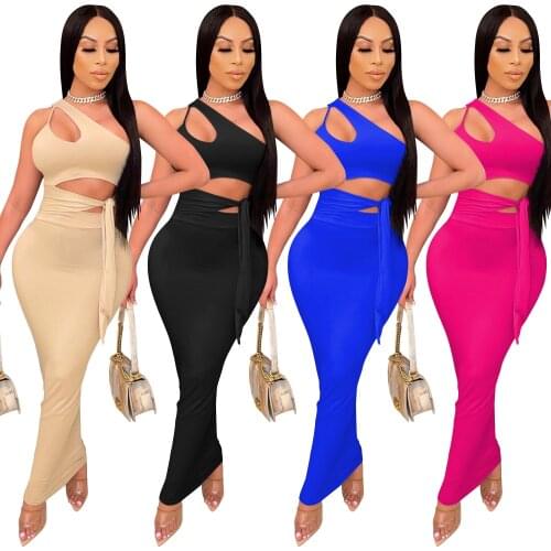 Zoctuo Solid Two Piece Set Fashion New Hollow Out WomenS Set One Shoulder With Sashed Sexy 2 Piece Maxi Skirt Sets For Women