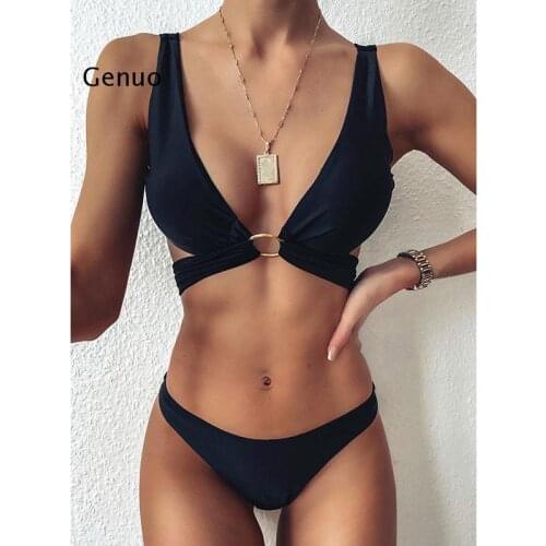 2021 Black Bikinis Swimsuits Cross Bandage Swimwear Women Solid Push Up Biquini Bathing Suit Women Sexy Padded Beach Wear