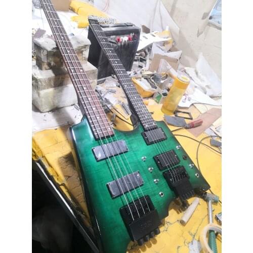 Free shipping custom headless double neck electric guitar,flamed maple veneer, fixed bridge,6 strings guitar 4 strings bass