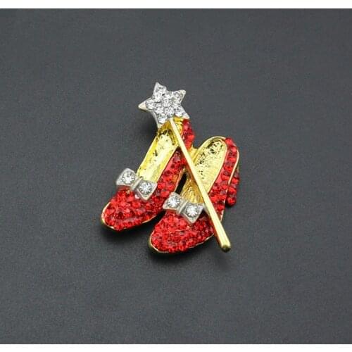 10 pcs/ 20 pcs/ 50 pcs /100 pcs/ Wholesale lot Gold Plating Red Slippers Oz Wizard Rhinestone Jewelry Brooch Pin For Woman