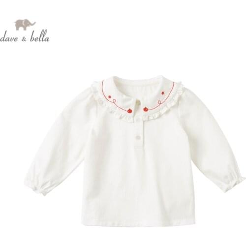 DBJ16676-1 dave bella spring baby girls cute embroidery ruched T-shirt children tops girl kids fashion tees