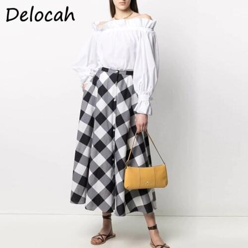 Delocah New 2021 Autumn Women Fashion Designer Skirts Set Sexy Slash neck Whith Tops + High Waist PrintA-Line Midi Skirts Suits