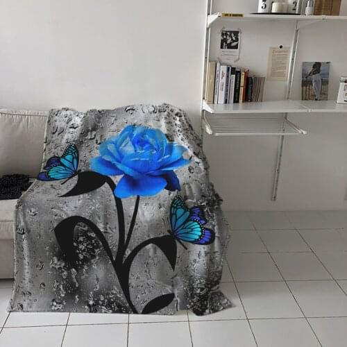 Blue Rose Flower Butterfly Glassy Home Blanket High Quality Bedroom Living Room Sofa Blanket Lounge Hotel Travel Soft Blanket
