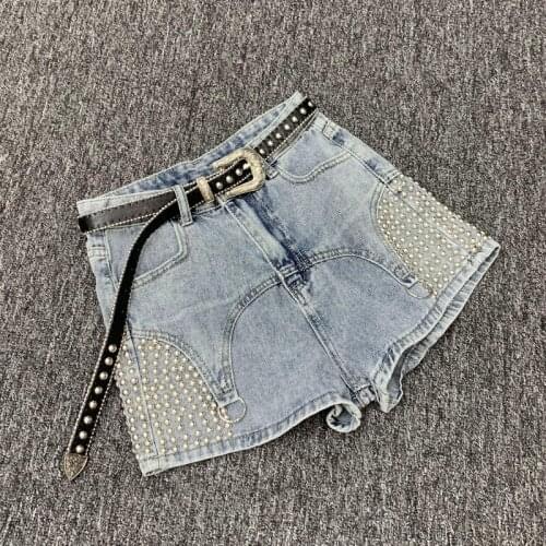 Denim shorts Internet celebrities pure color rivet beading cotton denim shorts female high waist wide leg denim shorts F1526