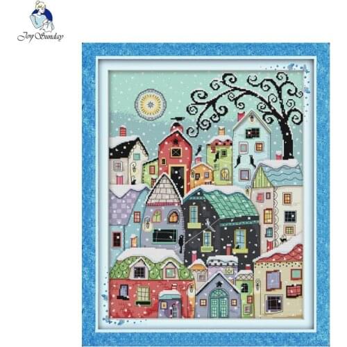 Joy Sunday Snow Street Scenery,Counted Printed on Fabric DMC 14CT 11CT Cross Stitch kits, Embroidery Needlework Sets Home Decor