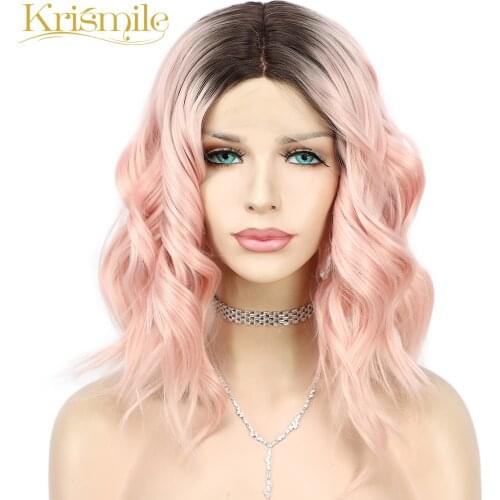 Short Natural Wavy Synthetic Lace Wigs Ombre Pink T Middle Parting Wig Party Cosplay Daily for Women Heat Resistant Drag Queen