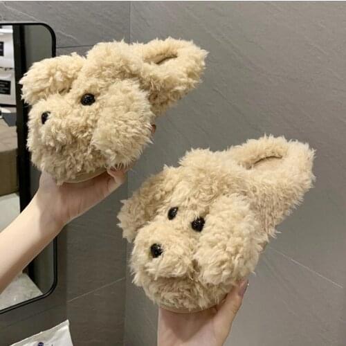 Cute Dog Slippers Women Home Indoor Soft anti-slip Faux Fur Winter Warm Shoes Cartoon Plush Dog Slippers Cartoon