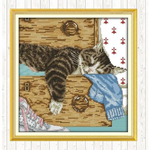 Lovely Lazy Cat Cross Stitch Package Embroidery Kits Needlework Embroidery Patterns 14ct 11ct Count Print Canvas DIY Crafts Kits