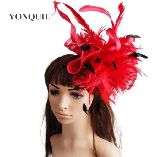 Charming Ladies Linen Red Fascinators Hats Accessories Fancy Feathers For Elegant Women Wedding Chapeau Party Fedora Hats MYQ113