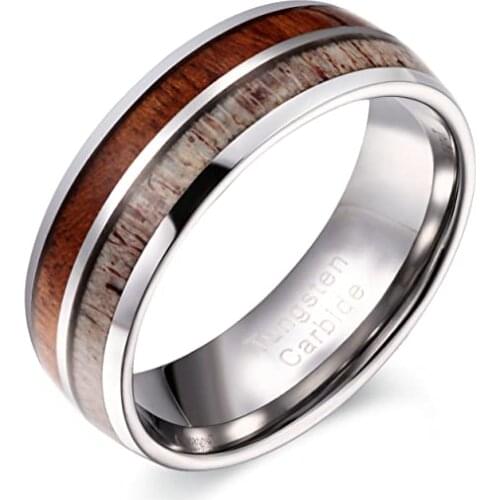 POYA Hunting Ring for Men 8mm Domed Tungsten Wedding Band Wood and Elk Antler Inlay