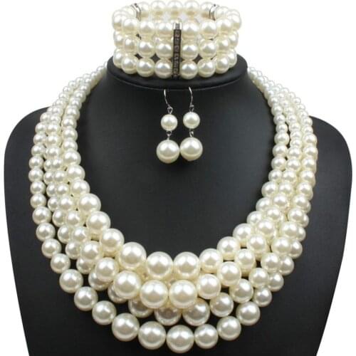 New Fashion Exaggerated Pearls Strand Necklace Earrings Bracelet Beaded 3 Bohemian Multi Layer Crystal Pearl Jewelry Sets Women