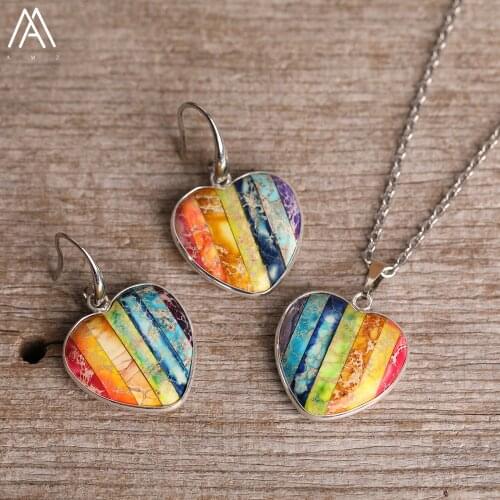 Rainbow Heart Shape Japers Pendant Necklace For Women Romantic Natural Stones Statement Earring Necklace Jewelry Gift Dropship