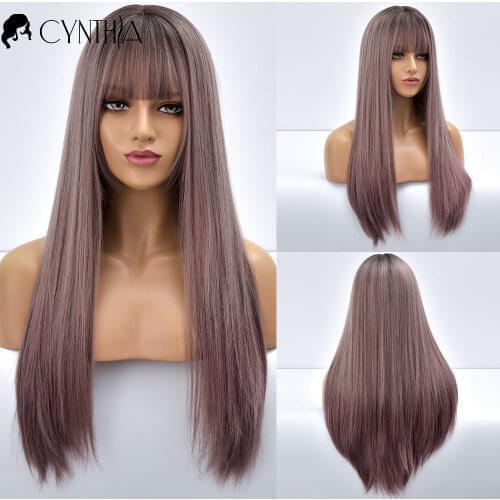 Long Straight Daily Black To Purple Synthetic Wig With Bangs For Black White Women Heat Resistant Fiber Hair Cosplay Wigs