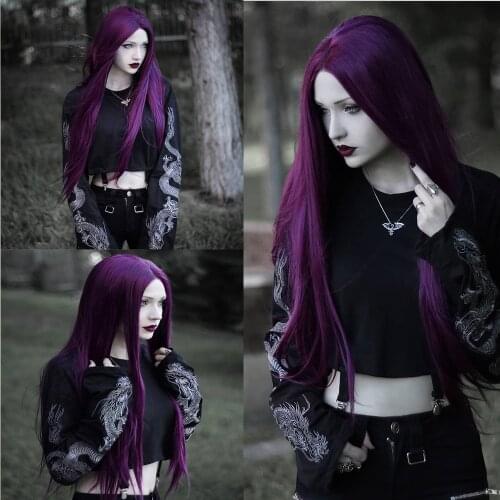 Melody Dark Purple Wigs Long Natural Straight Hair None Lace Synthetic Full Machine Made for Women Mermaid Cosplay Makeup Party