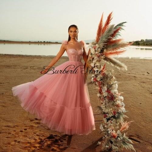 Sweet Pink Tulle Beading A-line Women Prom Gowns Shiny Crystals Ruffles Summer Women Dresses To Party Vestido Femme Robe