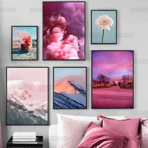 Pink Flower Posters Landscape Painting Snow Mountain Decorative Picture Wall Art Canvas Print Painting Living Room Home Decor