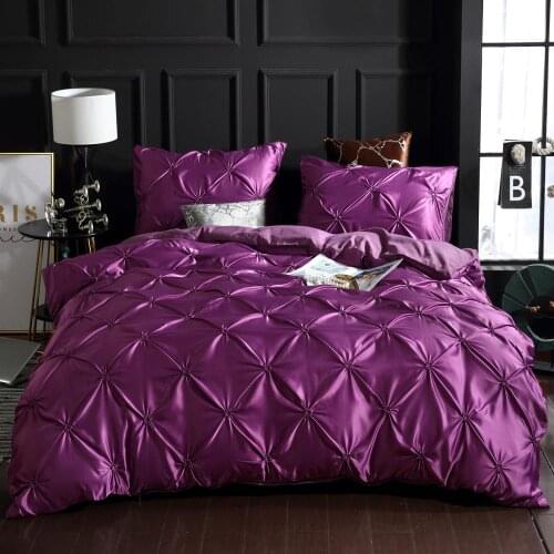 100% Washed Silk Luxury Bedding Cover Set Pull Flower Duvet Cover+Pillowcase 2-3PCS Soft Solid Bed Linens Nobel Purple