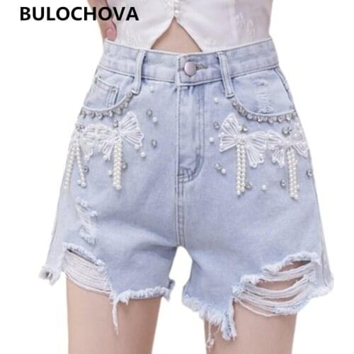 Plus Size Women Fashion Beaded Embroidery Denim Shorts 2021 Summer Students High Waist Tassel Hole Wide Leg Hot Short Pants XXL