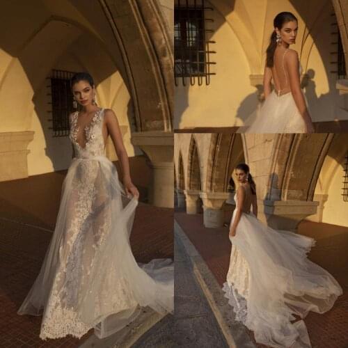 Mermaid 2020 Wedding Dresses V Neck Appliqued Lace Overskirts Bridal Gowns Backless Robe De Mariée