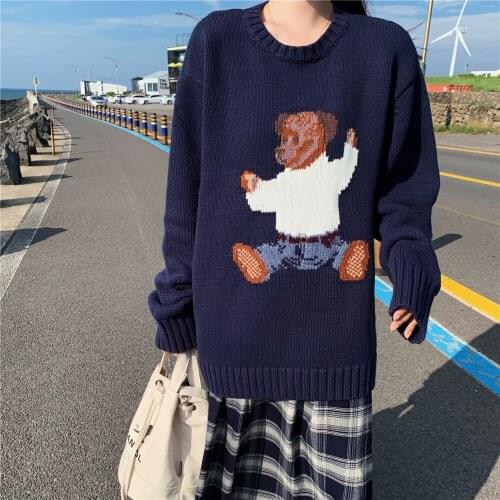 Women Autumn Winter Cartoon Bear Oversized Sweater Full Sleeve Round Collar Knitted Loose Pullovers Casual Jumpers