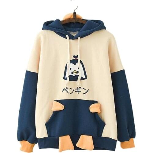 Harajuku Kawaii Penguin Print Hooded Patchwork Hoodie Plus Velvet Warm Fleece Sweatshirt Casual Loose Cute Pullovers 2012228