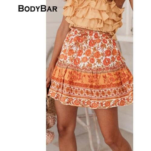 Ladies Vintage Floral Printed Skirt High Waist Elastic Band Bohemian Mini Skirts Ruffle Design Female Loose Loose Hot Sale Dress