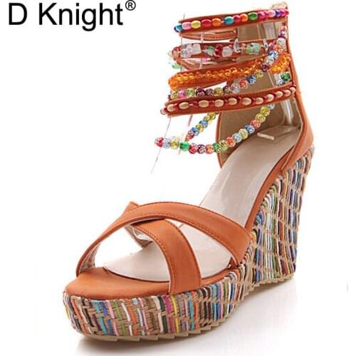 String Beading Bohemia Style Summer Wedges Sandals Women Colorful Bottom High Heels Sandals Ladies Platform Wedge Heel Shoes E12