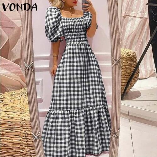 VONDA Women Maxi Dress Casual Short Sleeve Square Collar Vintage Plaid Pleated Dresses Bohemian Vestidos Ladies Robe