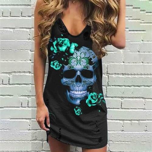 2020 Summer Women Goth New Skull Print Fashion Casual Sleeveless Mini Dress Hole V-neck Vest Punk Plus Size Loose Y2k Dresses