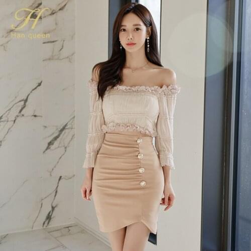 H Han Queen Sexy Slash neck Ruffled Folds Stitching Single-breasted Mini Pencil Dress Women Casual Party Bodycon Sheath Dresses