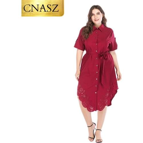 New Muslim Wine Red Plus Size Loose Dress Hollow Out Long Tops Front Full Buttons Design Blouse Models Dress Women Shirts