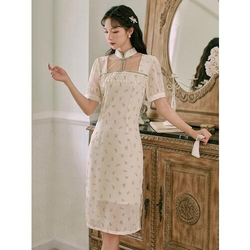 Summer New Womens Retro Chinese Style Ethnic Style Mesh Stitching Cheongsam Dress Chiffon Print Literary Girl Mid-Length Dress