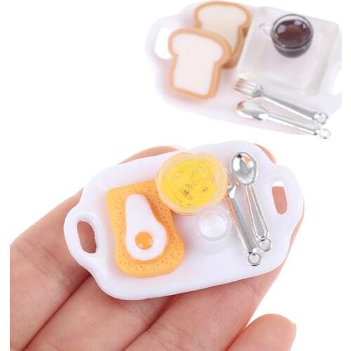 1Set 1:12 Dollhouse Miniature Breakfast Set Hamburger Croissant Toast Egg Coffee with Tray Kitchen Food Accessories