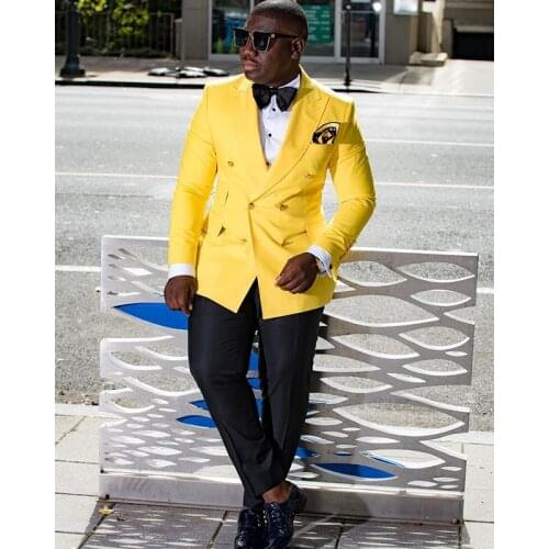 2020 Yellow Smoking Jacket Business Party Men Double Breasted Suits Tailor Made Groom Tuxedos Men Suit For Wedding Best Man