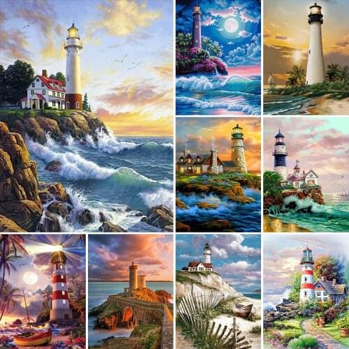 DIY 5D Diamond Painting Lighthouse Sea Cross Stitch Kit Full Drill Embroidery Landscape Mosaic Picture of Rhinestones Decoration