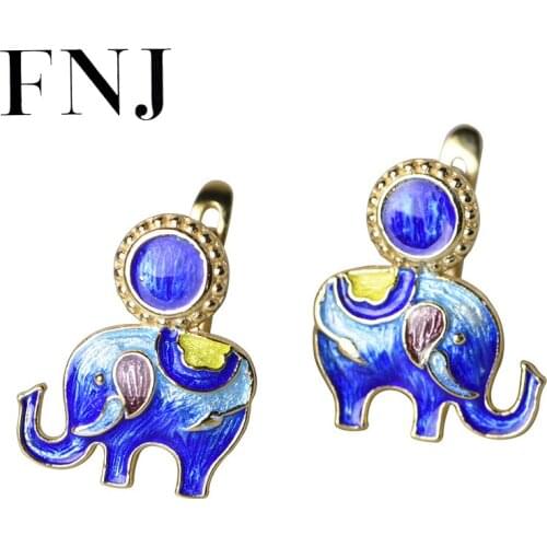 FNJ enameling Elephant Earrings 925 Silver Original Pure S925 Sterling Silver Stud Earring Women Jewelry Gold Color