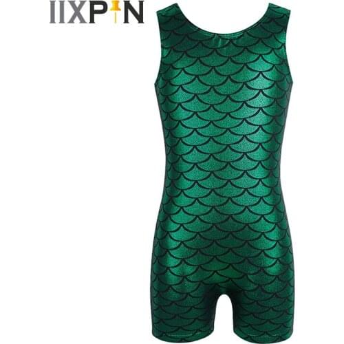 IIXPIN Kids Girls Gymnastics Leotard Ballet Costumes One-piece Sleeveless Glittery Scales Printed Ballet Dance Jumpsuit Unitard