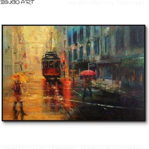 High Skills Artist Hand-painted Street View after the Rain Tram Landscape Oil Painting Canvas Wall Fine Art Street Oil Painting