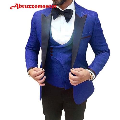 Abruzzomaster Blue Floral Print Suit Custom Made Man Suit Blue Print Jacket for Groomsman Suit 3 Pieces Dinner Suit Double B