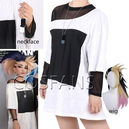 KDA Akali Cosplay Costume 2020 New White T-shirt loose off-the-shoulder Necklace Halloween Anime Cosplay Costumes Set wig