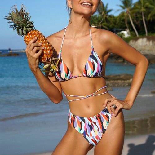 Peachtan Bandage bikinis 2021 mujer Triangle swimwear women Halter triangle 2 pieces set Print swimsuit women Sexy bathing suit