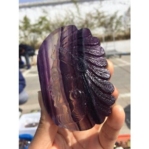 Cute drop shipping Natural purple stripe fluorite Crystal women head reiki healing hand carved crystal skull home decoration
