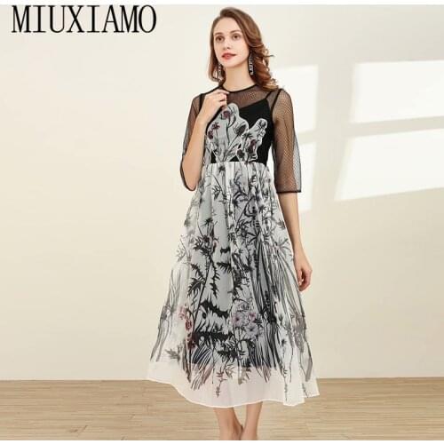 MIUXIMAO High Quailty 2020 Sping Dress Flower Print Half Sleeve Elegant Screen stitching Long Dress Women vestidos
