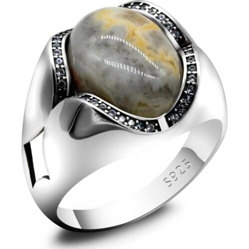 Natural Crazy Agate Stone Mens Ring Vintage 925 Sterling Silver Smooth With Zircon Men and Women Lucky Turkish Style Jewelry