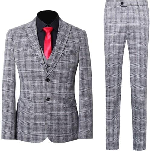 Men Check Suits Slim Fit Peak Lapel Single Breasted Two Buttons Plaid 3-Piece Suit Business Party Prom Banquet Gray Light Yellow