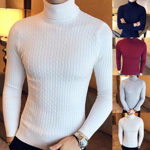 Casual Men Winter Warm Sweater Men Velvet Pullovers Knitted Top Solid Color Turtle Neck Long Sleeve Twist Knitted Slim Sweater