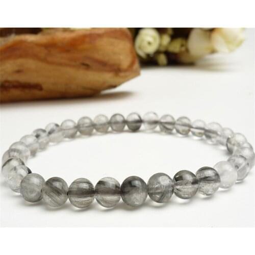 6mm Just One Stretch Bracelets Women Fashion Jewelry Genuine Natural Grey Needle Hai Rutilated Quartz Crystal Beads Bracelet
