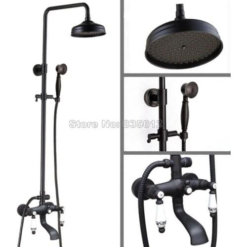 Bathroom Black Oil Rubbed Bronze Wall Mounted Rain Shower Faucet Set Dual Ceramic Handles Bath Tub Mixer Tap Whg121