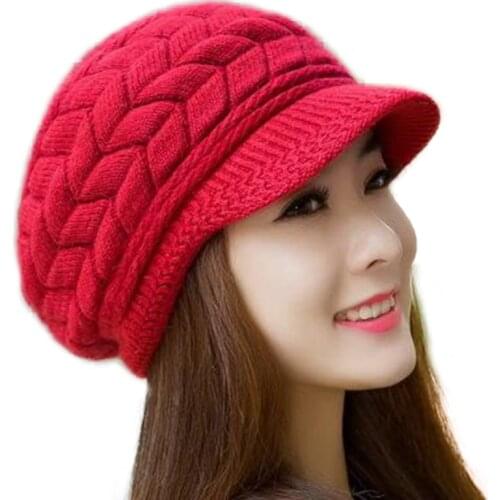 Knitted Hat Women Winter Cap Fleece Inside Knitted Hats For Girls Rabbit Fur Caps Autumn Outdoor Keep Warm Windproof Hat TG0196